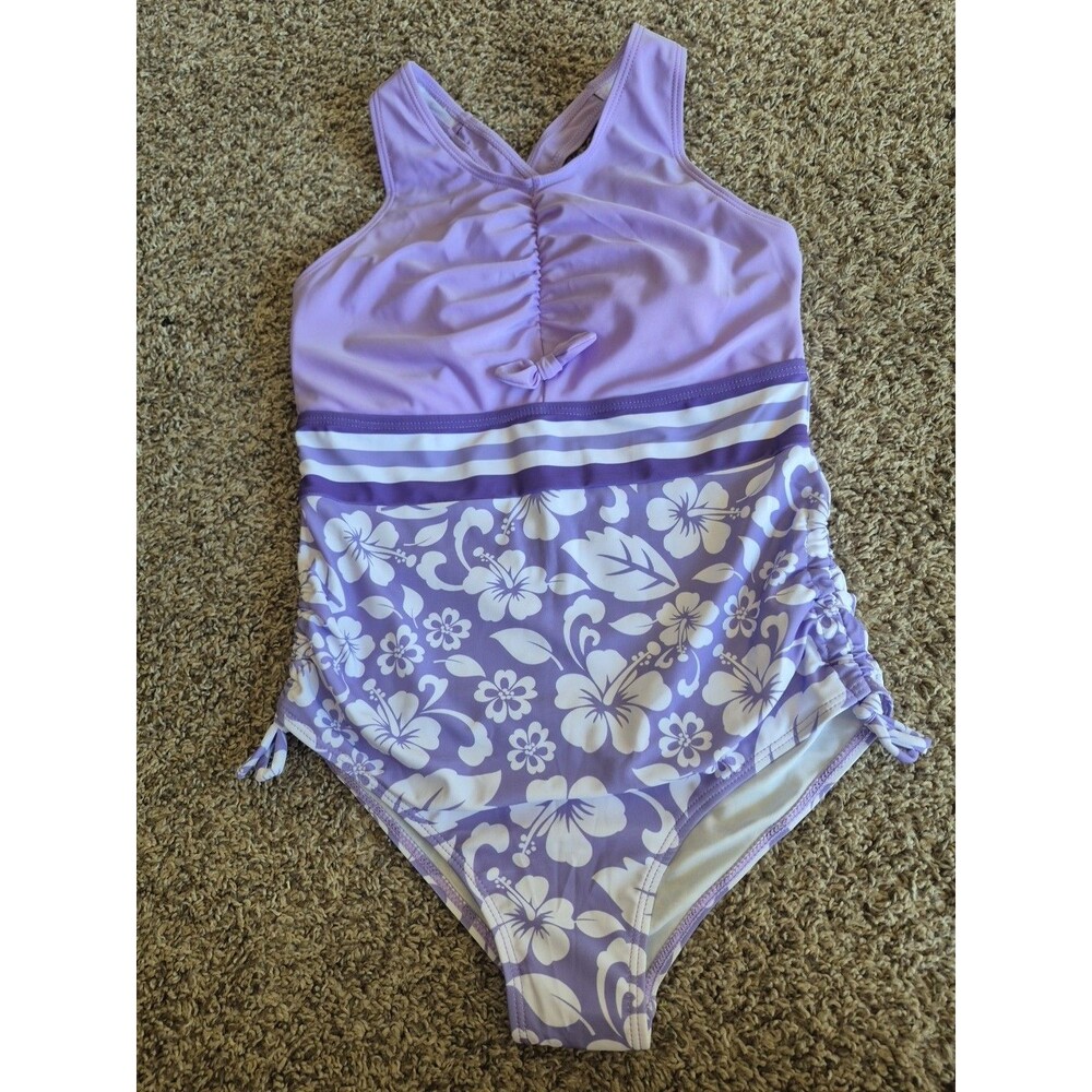 NWOT Girls Purple One Piece Swimsuit Size 13T - Hibiscus Floral & Side Ruched